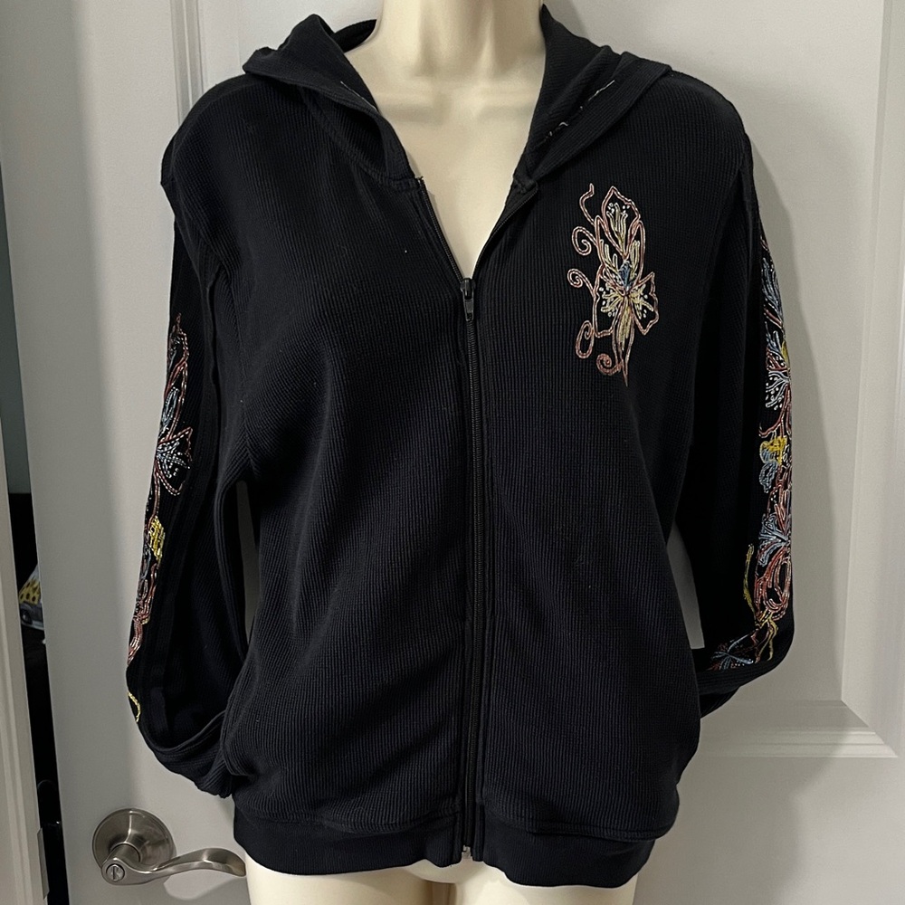 Cocoa Vintage Waffle Zip-Up Hoodie with Multicolor LOVE Foiled Graphics SZ L